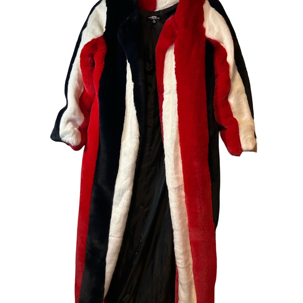 BRAND NEW!! Celebrity Long Faux Fur Coat in Red, Black & White